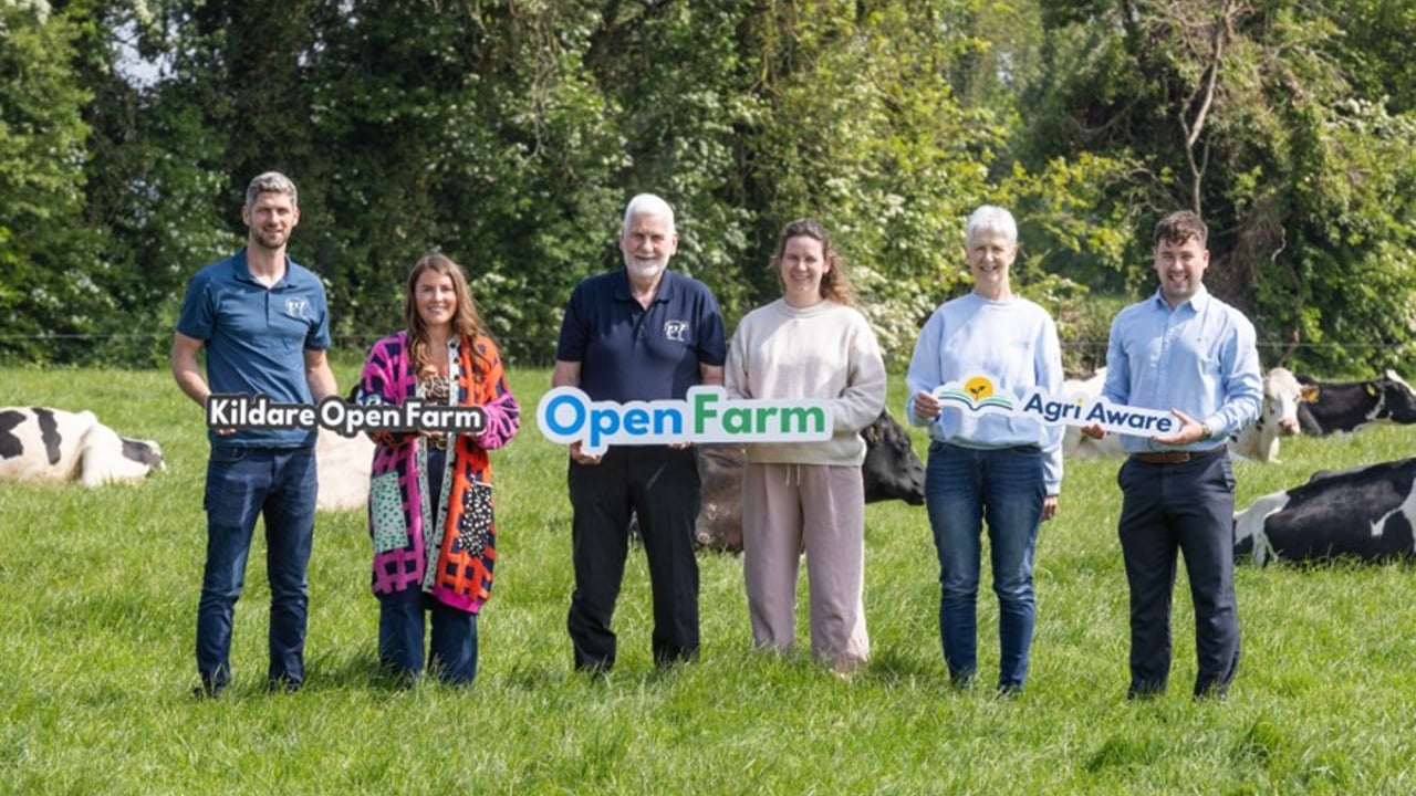 (L–R) Kevin Doran, Megan Browne, Joe Doran, Marie Doran, and Bernie Doran with Agri Aware's Michael Geary at the launch of Open Farm 2025 in Kildare