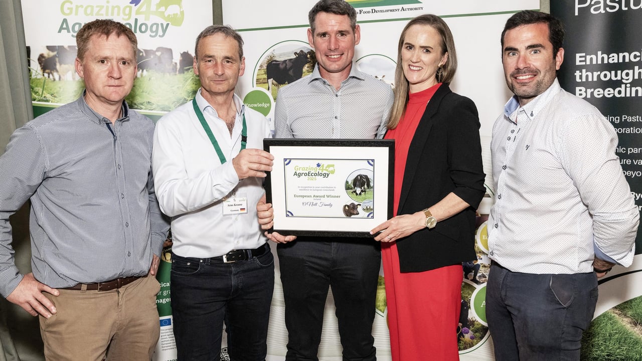 Pictured in Cork at the presentation of Grazing4Agro Ecology 2025 awards are Prof. Michael O'Donovan, Teagasc head of grassland science; Arno Krause, Germany; European winners, Pat and Michelle O'Neill, Ireland (Longford); and Dr. Michael Egan, Teagasc. Image source: O'Gorman Photography