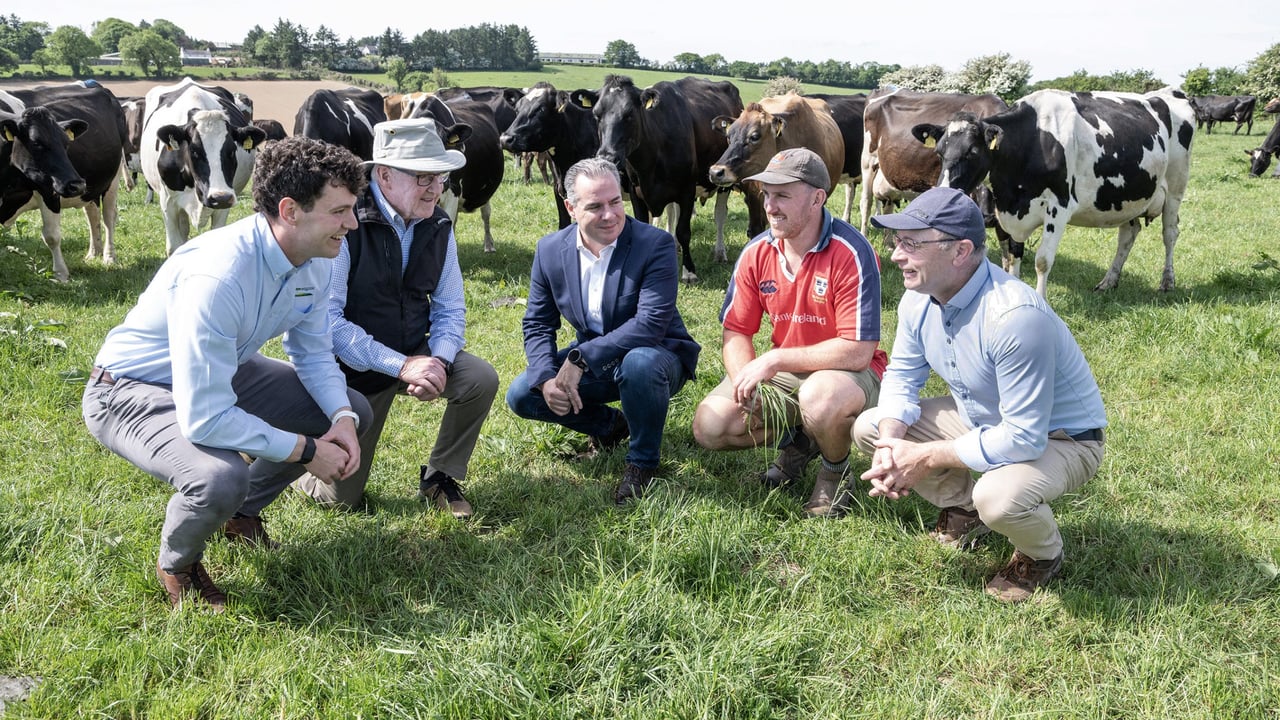 (L-R) Conor Hogan, Teagasc People in Dairy Programme manager, Gus O'Brien, Shinagh Estates, Jason Hawkins, chief executive Carbery Group, Kerry Desmond share farmer and Don Crowley, Teagasc dairy adviser. Image: O'Gorman Photography