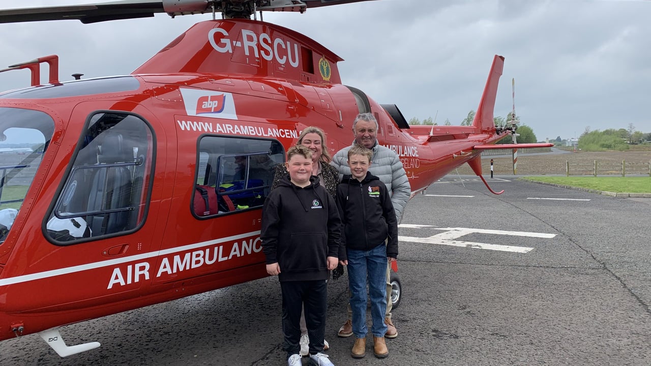 The Strain family at the Air Ambulance NI airbase in Lisburn. L-r: Kathryn, Shea, Dara, and Kieran.