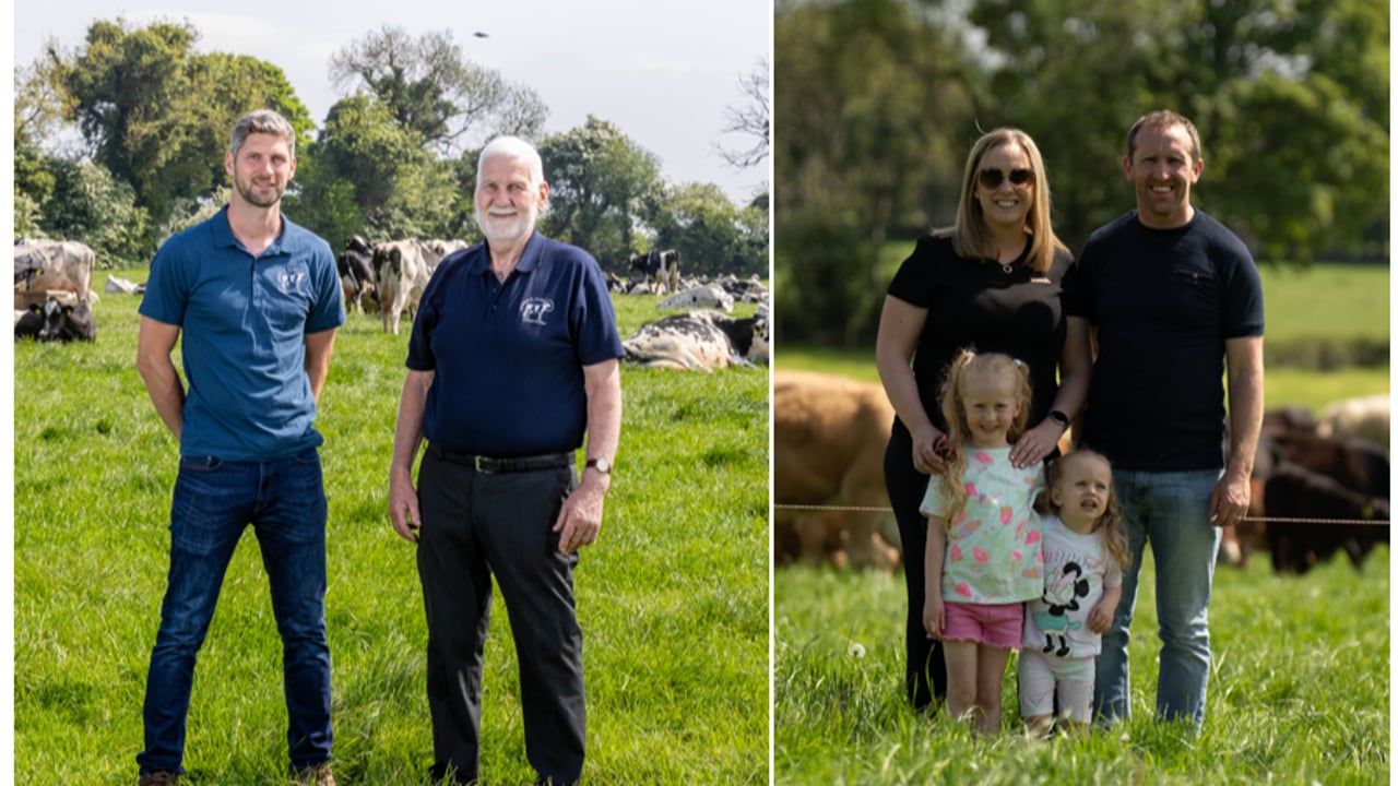 (left) Joe and Kevin Doran on their dairy farm in Donadea, Co. Kildare, and (right) the Fahy family in Ardrahan, Co. Galway. Source: Agri Aware