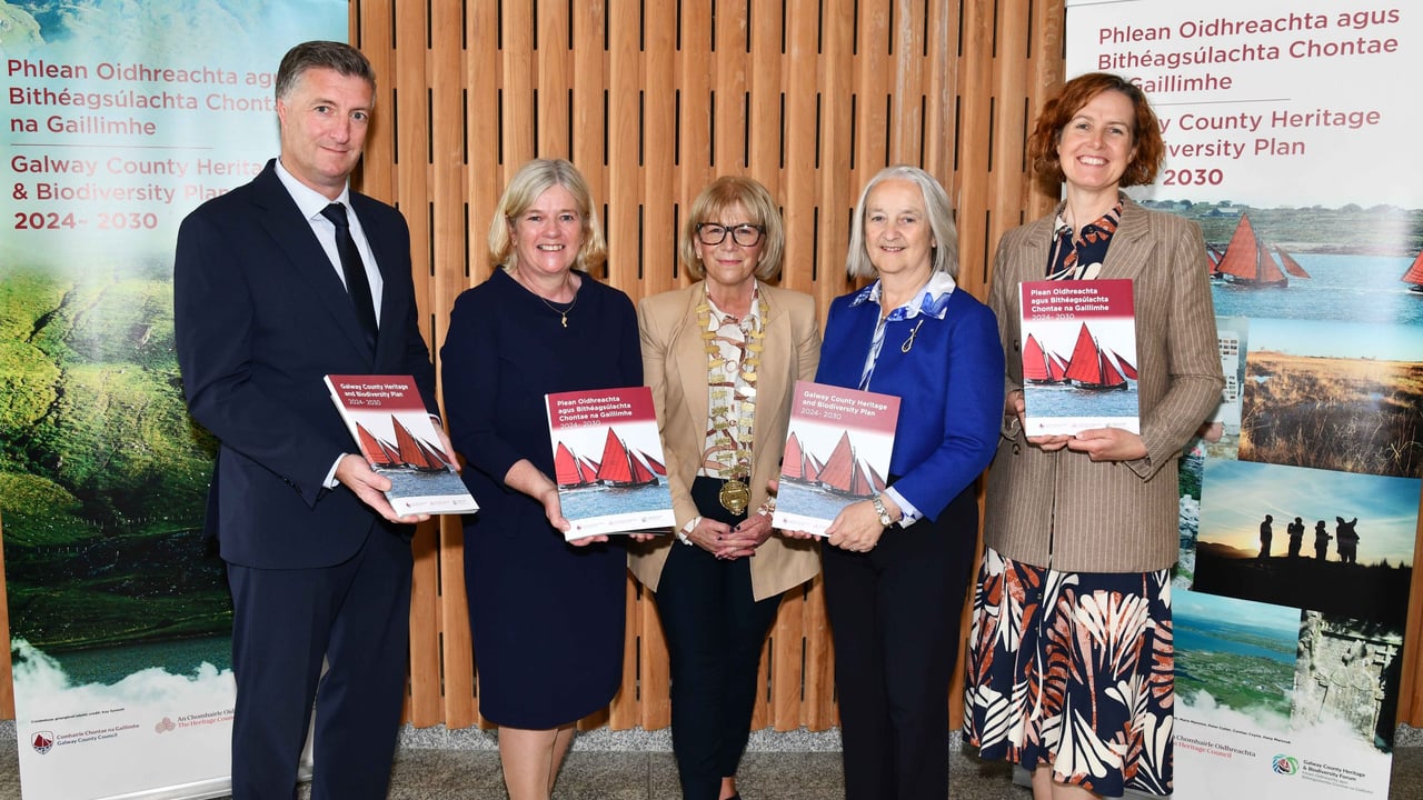 Launch of the Galway County Heritage and Biodiversity Plan 2024–2030. l-r: Liam Hanrahan, Galway County Council; Marie Mannion, Galway County Council; Cllr. Martina Kinane; Martina Moloney, The Heritage Council; and Rosina Joyce, Galway County Council. Source: Jacinta Fahy