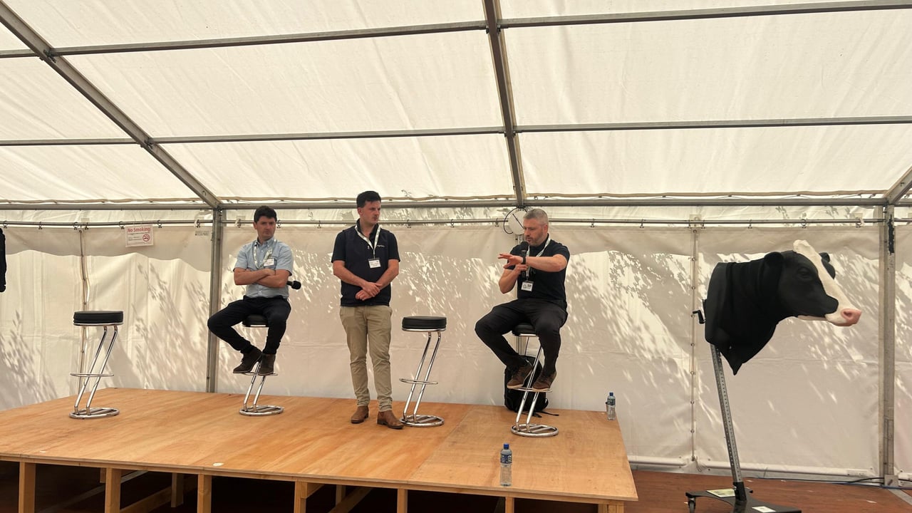 Dairy-Beef discussion panel at Moorepark '25.
(L-R) Teagasc Dr. Nicky Byrne;  Agriland Breifne O'Brien and ICBF Chris Daly