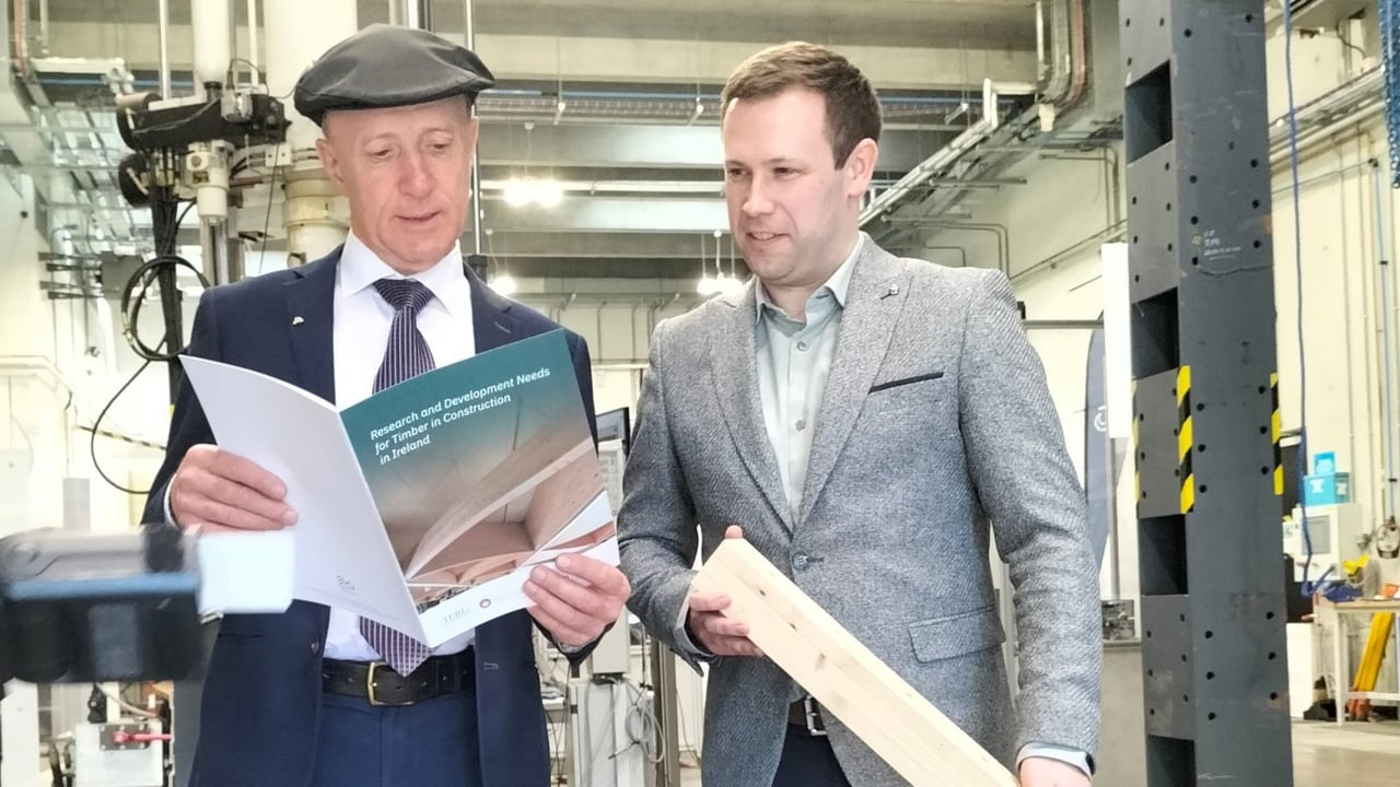 Minister Michael Healy-Rae and Patrick McGetrick launch 'Research and Development Needs for Timber in Construction in Ireland' report at University of Galway