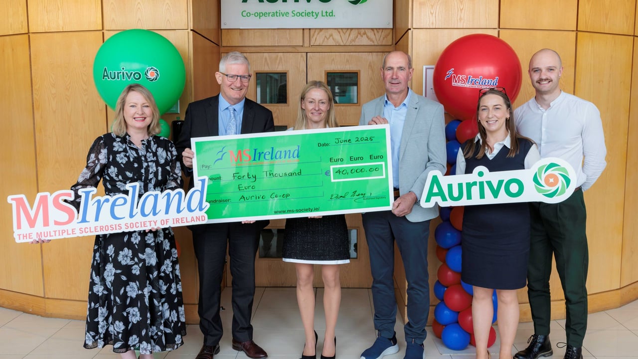 (L-R) Marilyn Phillips head of HR Aurivo; Donal Tierney CEO Aurivo; Ava Battles, CEO, MS Ireland; Raymond Barlow, chairperson, Aurivo;, Niamh Jinks, communications and brand manager, Aurivo; and Philip Hamilton, marketing executive, Aurivo