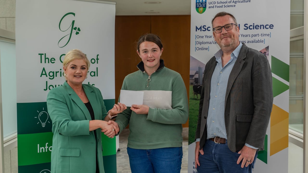 Agriland editor Stella Meehan with award-winning UCD student Catherine Grier and director of the MSc in Animal Science at UCD Kieran Meade