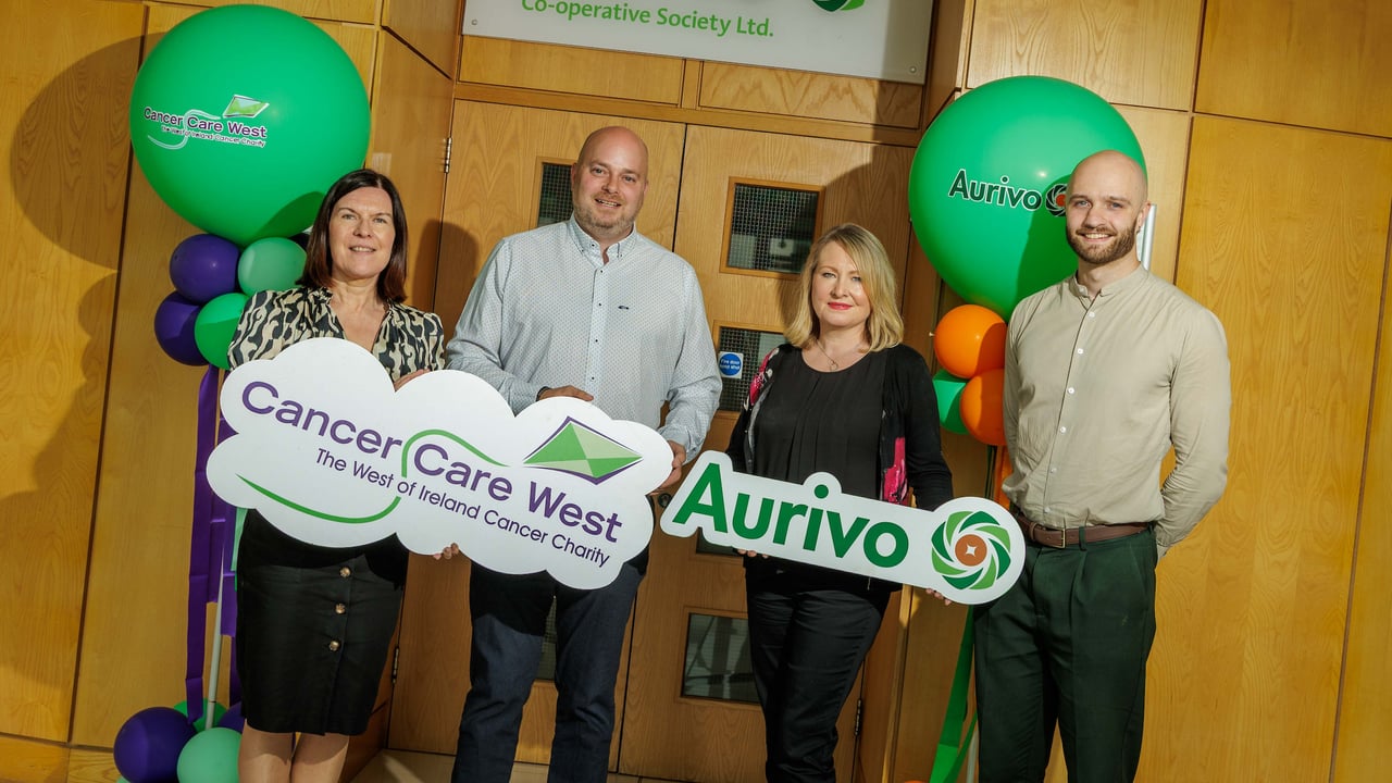 (L-R) Eithne Niland CFO Aurivo; David O’Donnell, head of fundraising Cancer Care West; Marilyn Phillips, group head of HR Aurivo; Philip Hamilton, marketing executive Aurivo 