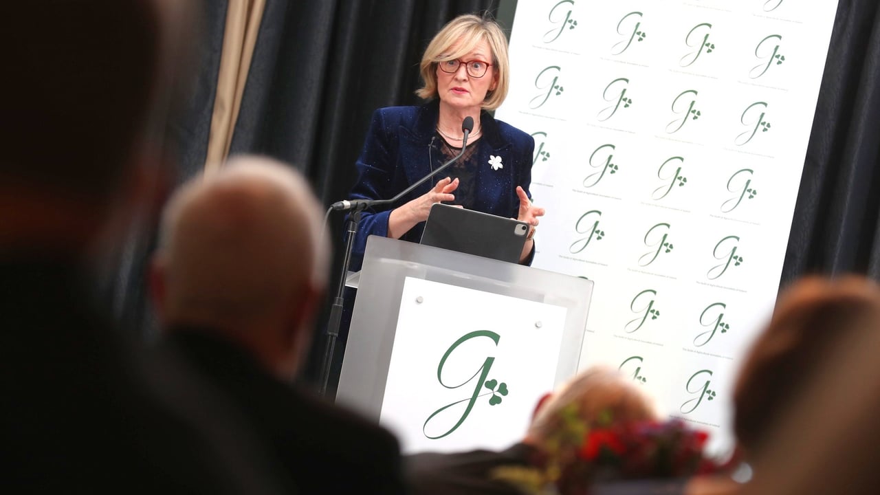 Former European Commissioner Mairéad McGuinness speaking at the Michael Dillon Memorial Lecture hosted by the Guild of Agricultural Journalists in 2023