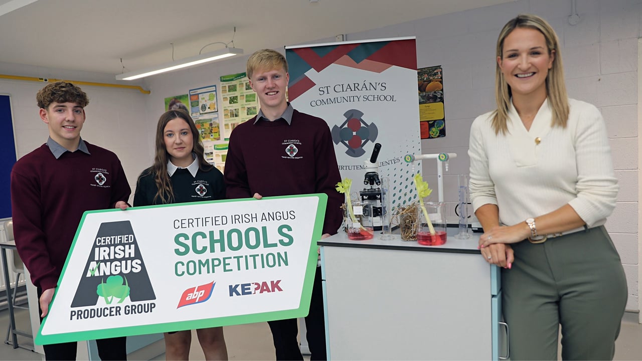 Pictured (L-R): Students Dan O’Brien, Kasey Fitzsimons, and Liam Farrelly from St Ciaran’s Community College in Kells, Co. Meath with Minister for Education and Youth Helen McEntee. Source: Certified Irish Angus Schools' Competition