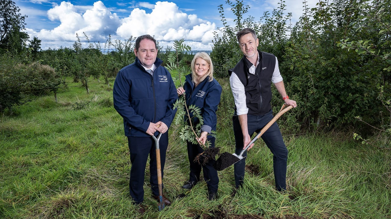 Damien O’Mullan, director of Transformation and Innovation, NI Water; Dr Sara Venning, CEO, NI Water; and John Martin, director at the Woodland Trust Northern Ireland, pictured at NI Water’s Dunore Point site to mark a major achievement reaching the midpoint in its Regreening Programme to plant one million trees. Source: NI Water