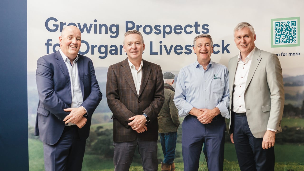 Pictured at the Portlaoise organics event are Paschal Walsh, Irish Country Meats; Brian McGee, Department of Agriculture; John Purcell, Good Herdsmen; Padraig Brennan, chair of Organic Strategy Forum.