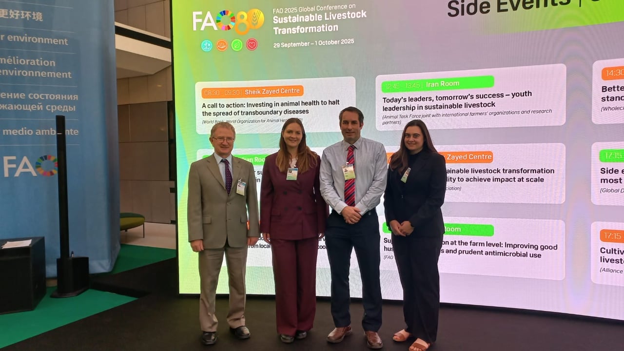 Teagasc director Prof. Frank O'Mara with Natasha Browne, David Kenny, and Sarah McPherson at the FAO Conference on Sustainable Livestock Transformation