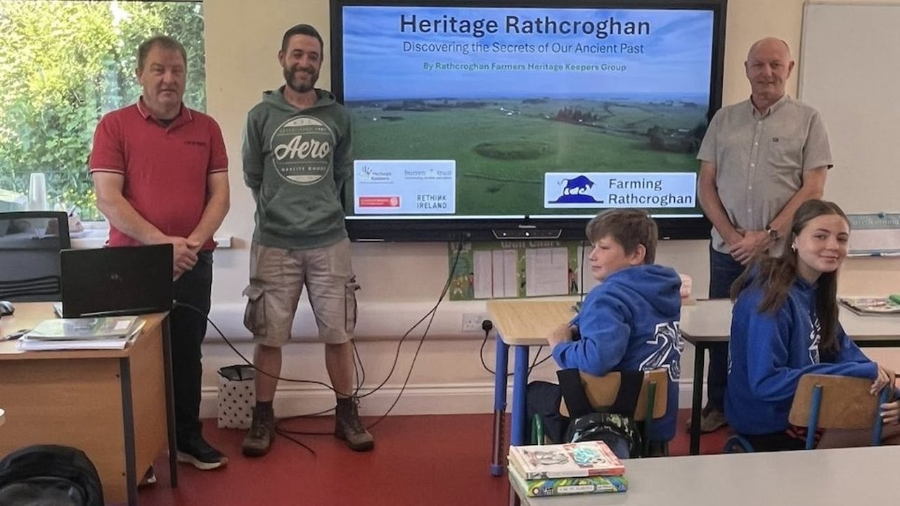 The Rathcroghan Farmers Group created a school package and presentation to share the heritage and farming practises of their area with students. (l-r): Hughie Durr, general operative/technician/farming Rathcroghan; Alan Healy, community archaeologist/farming Rathcroghan; and James Lavin, farming participant, Heritage Keepers