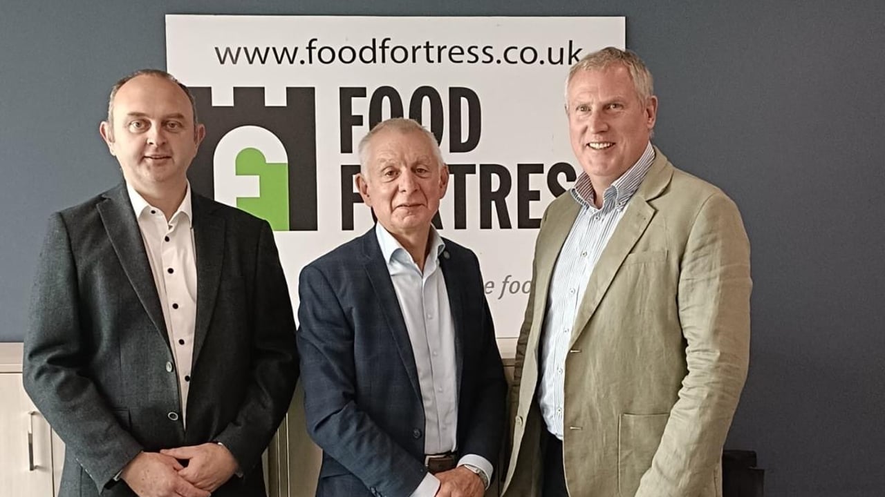 Sean McGlynn (left) is the new chairperson of Food Fortress Ltd with Dr Keith Agnew (right) taking over the role as chief executive. Both men were joined by outgoing chief executive, Robin Irvine, at a recent board meeting of the organisation 