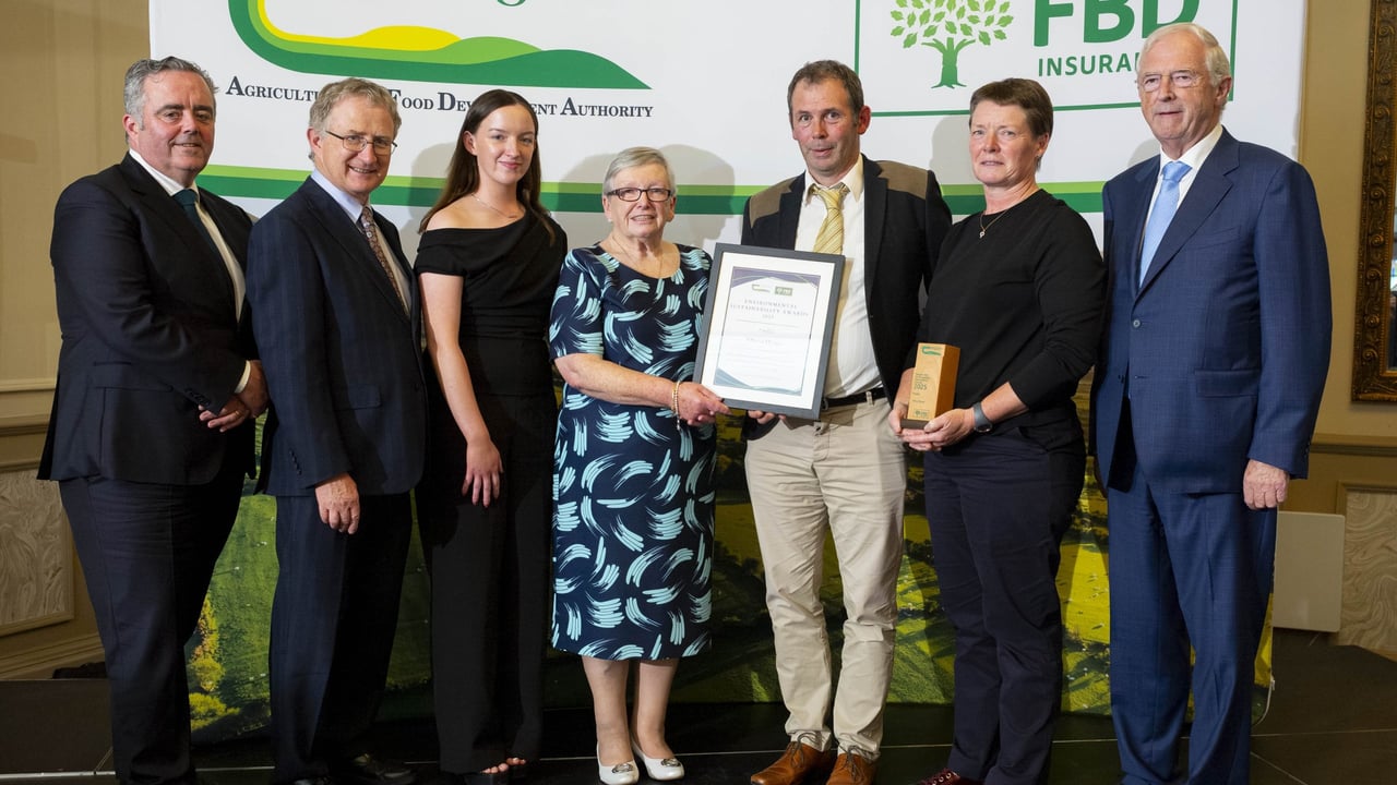 Olivia Hynes from Co. Roscommon was a finalist in the Teagasc/FBD Environmental Sustainability Awards 2025 held earlier this month. Olivia is pictured (second from right) receiving her award, accompanied by her mother Mary and niece Ellen. Also pictured are Tomas O'Midheach, CEO at FBD Insurance; Prof. Frank O' Mara, director, Teagasc; Brian Daly, Teagasc adviser in Roscommon; and Michael Berkery, FBD Trust. Source: John Ohle
