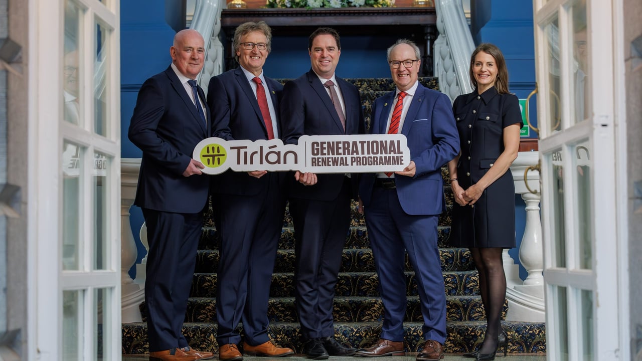 Tirlán launch of Generational Renewal Programme. (L-R), Tirlán chief investment officer, Frank Tobin; Tirlán chairperson, John Murphy; Minister for Agriculture, Food and the Marine, Martin Heydon; Tirlán  CEO, Seán Molloy; and Tirlán chief ESG officer, Dr. Lisa Koep. Source: Tirlán 