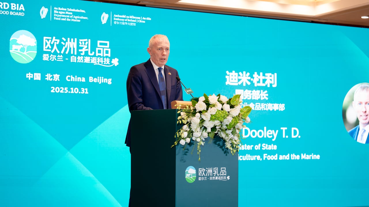 Minister Timmy Dooley speaking at Bord Bia's China launch of EU co-funded campaign, European Dairy - Ireland, Working with Nature