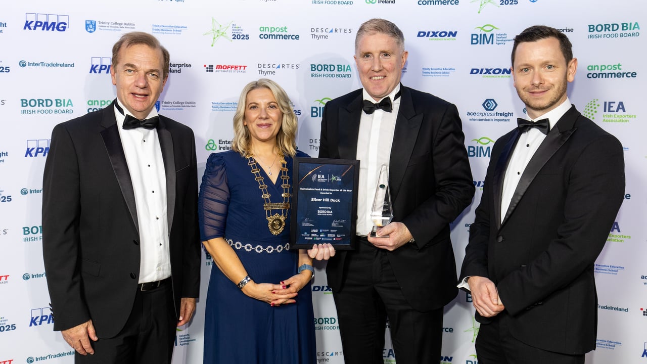 Simon McKeever, Irish Exporters Association CEO, Gabrielle White, Irish Exporters Association president, Micheál Briody, Silver Hill Duck and Shane Hamill, director global business development at Bord Bia. Image: Karl Hussey 