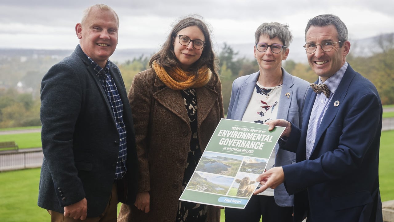 DAERA Minister Andrew Muir pictured with independent panel members John McCallister, Dr. Viviane Gravey and Diane Ruddock at the launch of the Environmental Governance in NI report.