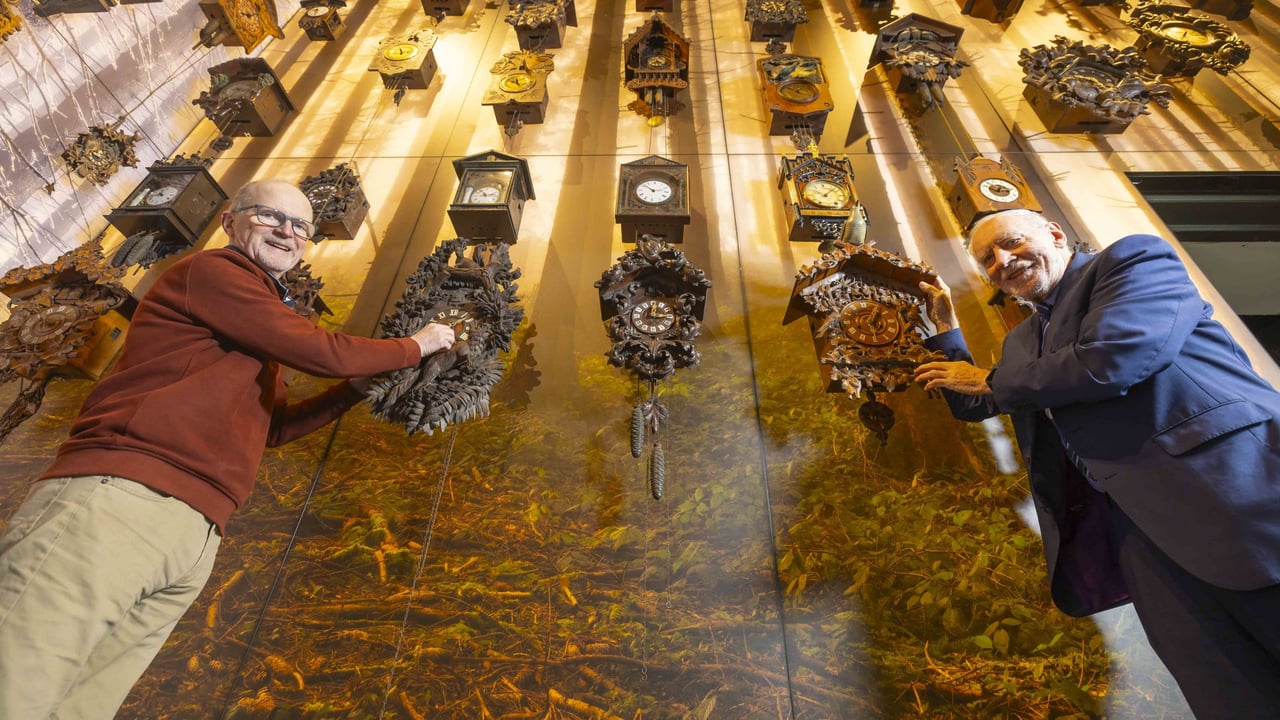 The Irish Museum of Time prepares for the clock change as it also unveils the 'world’s largest exhibition of cuckoo clocks'. Pictured at the museum are co-curator Colman Curran and museum benefactor David Boles Source Patrick Browne/ Irish Museum of Time