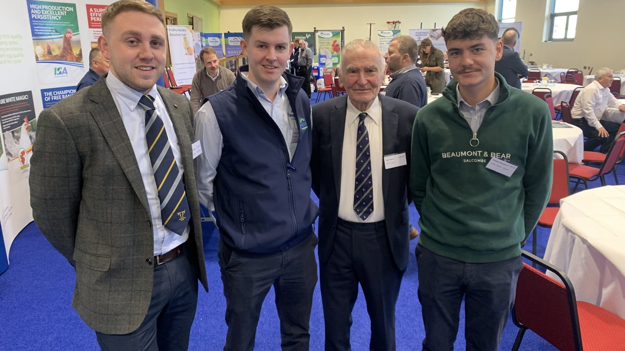 Attending the recent Poultry Industry Education Trust conference, (l-r): Stephen Evans, post-graduate researcher, Harper Adams' University; Sam McIntyre, Fane Valley Feeds; Basil Bayne, Poultry Industry Education Trust; and George Hammond, Harper Adams' University