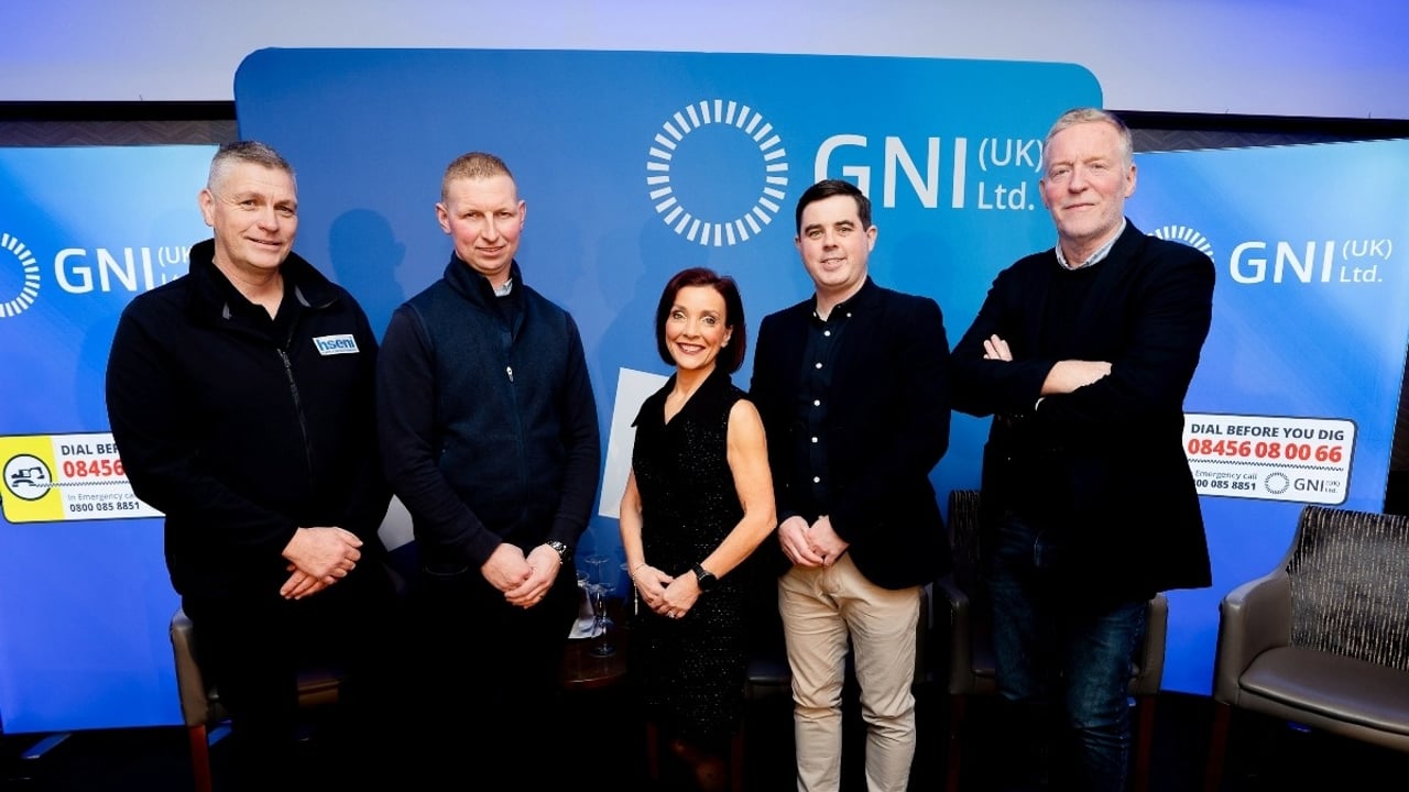 Speakers at the recent GNI (UK) health and safety landowner engagement event, (l-r): David Lowe, Health and Safety Executive for Northern Ireland; Andrew Gill, renowned competition ploughman from Co. Down; Nicola Weir, event host; Tommy Lee, GNI; and Agriland journalist, Richard Halleron