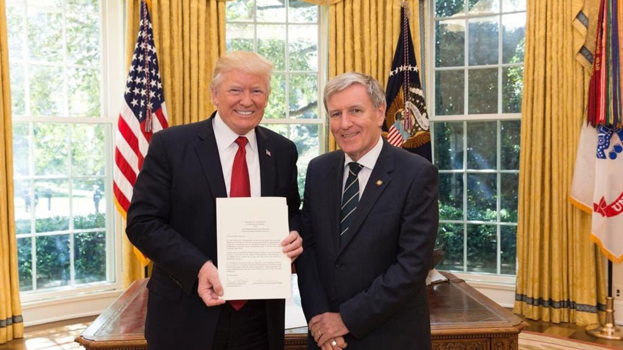 US President Donald Trump during his first term in office, with then Irish Ambassador to the US Dan Mulhall.   Source: Dan Mulhall X