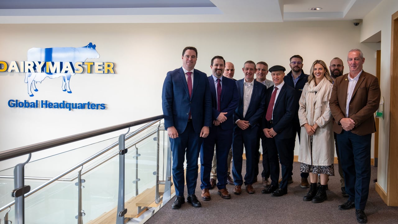 (L-R) Minister for Agriculture Food and the Marine Martin Heydon, John Harty CEO Dairymaster, Fergus O Meara Dairymaster, Liam 'Speedy' Nolan, Pat Ryan Dairymaster, Minister of State Michael Healy Rae, Pat Stokes Dairymaster, Aoife Kennelly, David Fleming Dairymaster, Michael Kennelly.
