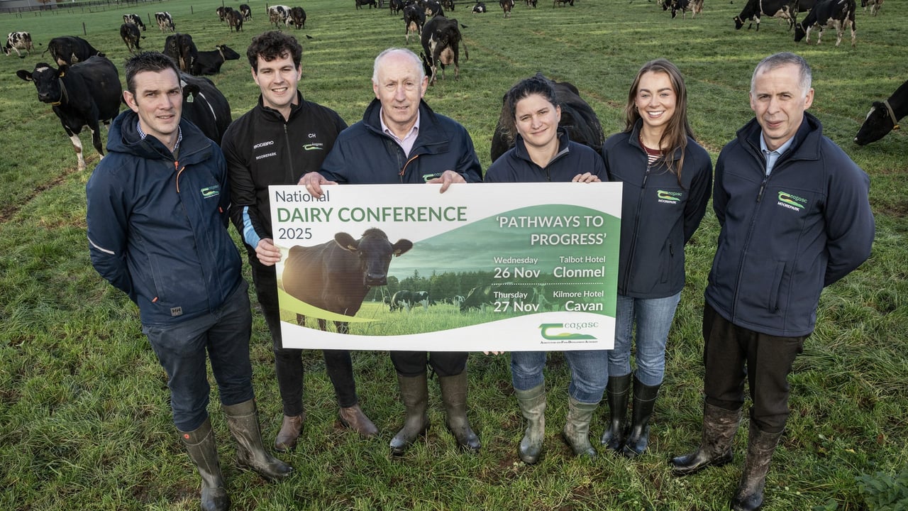 Pictured at the launch of the Teagasc National Dairy Conference on 'Pathways To Progress' are (L-R): Dr. Stuart Childs, Teagasc Dairy Specialist; Dr. Conor Hogan, Teagasc People in Dairy programme manager; Donal Mullane, Teagasc Tipperary regional manager; Dr. Elodie Ruelle, Teagasc senior research officer; Dr. Sarah Walsh, Teagasc research officer; and Prof. Donagh Berry, Teagasc quantitative geneticist. Source: O'Gorman Photography