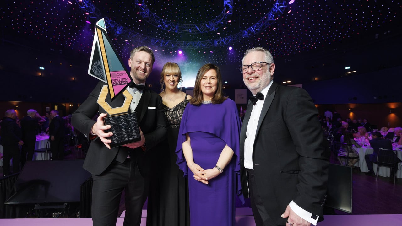 Damian O’Kelly of Nutritics receiving the Ibec Technology Ireland Industry Company of the Year Award from Una Fitzpatrick, Director, Technology Ireland, Marie Treacy, Partner at platinum sponsor EY Ireland and Brendan Kiely, Chair of Technology Ireland. Picture Conor McCabe Photography.