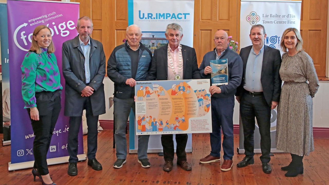 At the launch of the Ballymahon UR Impact Integrated Action Plan were (l-r) Lorraine O’Connor, town regeneration officer with Longford County Council; John Brannigan, director of services with Longford County Council; Cllr. Pat O’Toole, cathaoirleach of Ballymahon Municipal District; Cllr. Martin Skelly; Christy Mannion; Eamon Reilly, and Sonia Flynn, Longford Co. Council. Source: Shelley Corcoran.