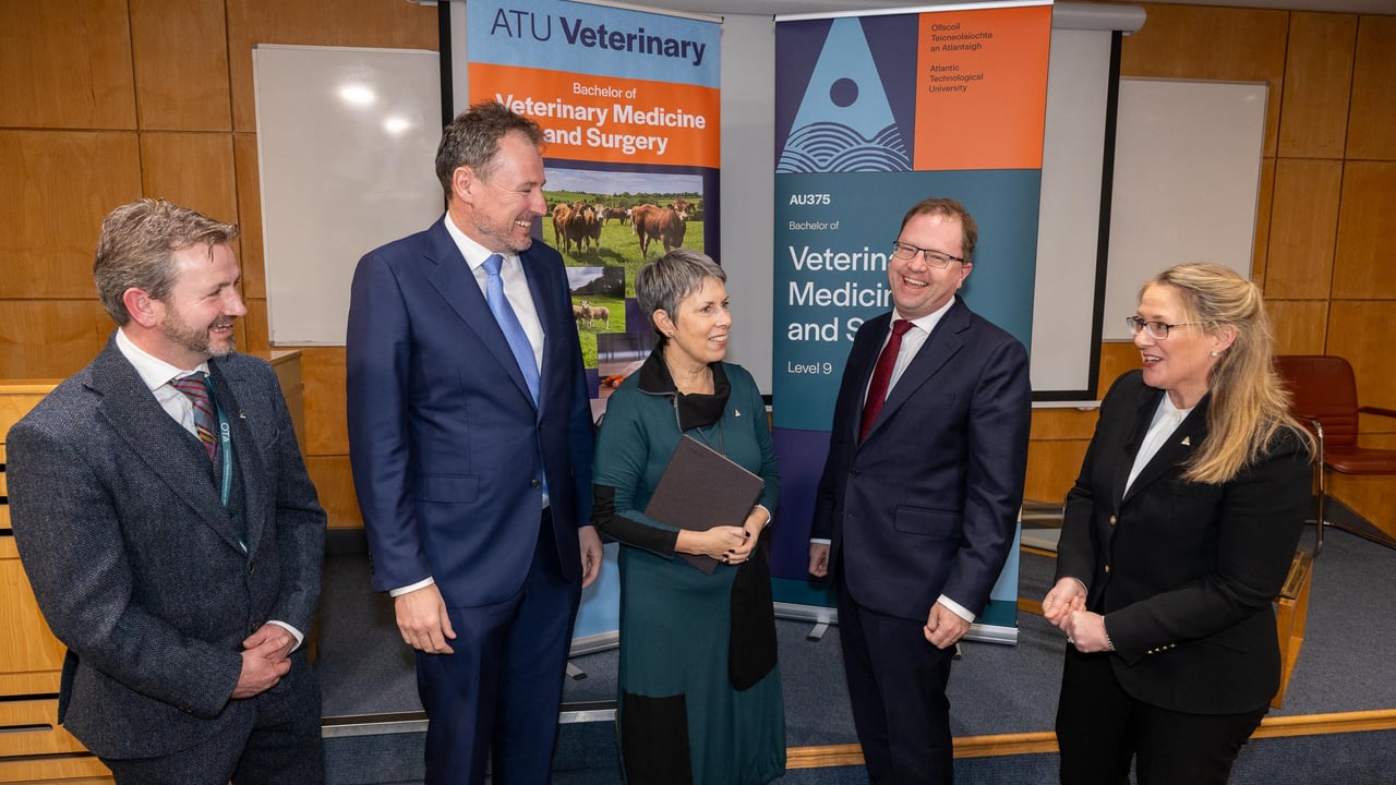 Professor Patrick Pollock, head of veterinary medicine and surgery at ATU; Minister of State at the Department of Culture, Communications and Sport, Charlie McConalogue; Minister for Further and Higher Education, James Lawless; president of ATU Orla Flynn and Joanne Gallagher, dean of Faculty of Science and Health ATU.