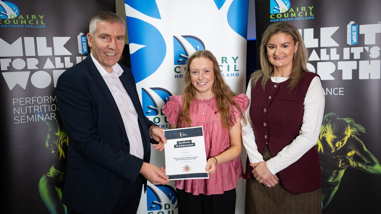 (l-r) Dairy Council NI chief executive Ian Stevenson; award winner Chloé Robinson; and Dr. Andrea McNeilly, subject lead and senior lecturer at the School of Sport and Exercise Science, Ulster University