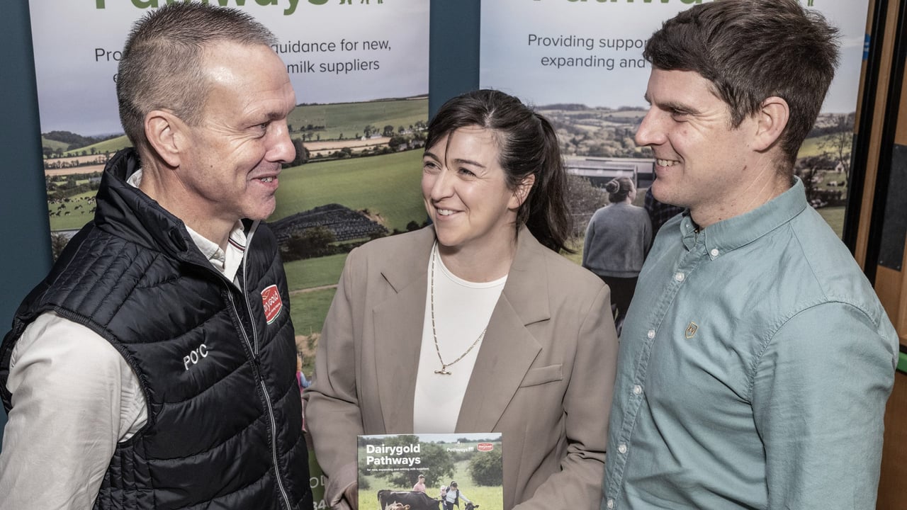 Paul O'Connell, Dairygold milk supply and farm succession manager with Aileen Sheehan, Whitechurch, Co. Cork, FBD Young Farmer of the Year and her husband Philip O'Leary. Source: O'Gorman Photography