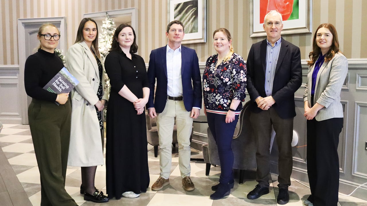 Pictured at the closing event for the GroundTruth Citizen Science Project on World Soils Day (l-r): Ada Freaney, Airfield Estate; Mary Cleary, Department of Agriculture, Food and the Marine; Emily Kelly, Research Ireland; Cathal Somers, Teagasc; Fiona Brennan, Teagasc; Tom Barry, Signpost Programme Tillage Farmer and Elena Hayes, VistaMilk. 