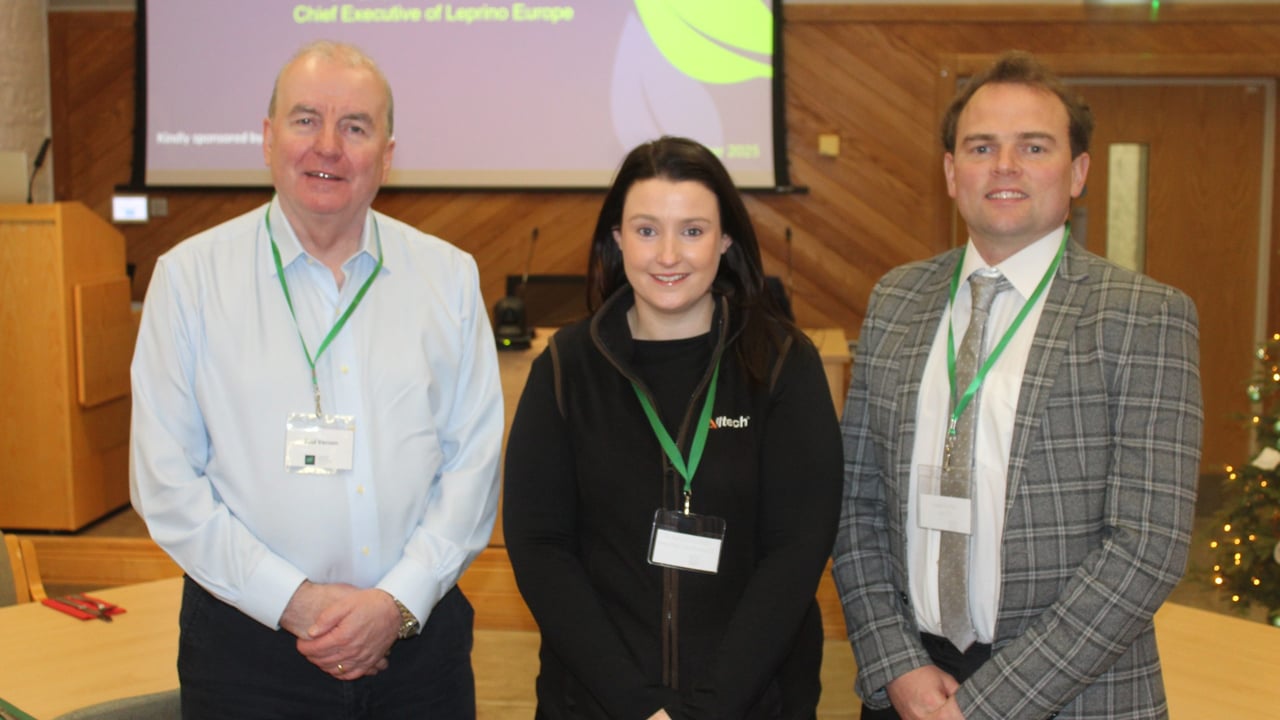 Paul Vernon, chief executive of Leprino Foods Europe (left) gave the keynote address to a recent seminar hosted by the Northern Ireland Institute of Agricultural Science (NIIAS). He was welcomed to the event by CAFRE's John Fegan, NIIAS chair, and Alltech's Aislinn Campbell, NIIAS committee member