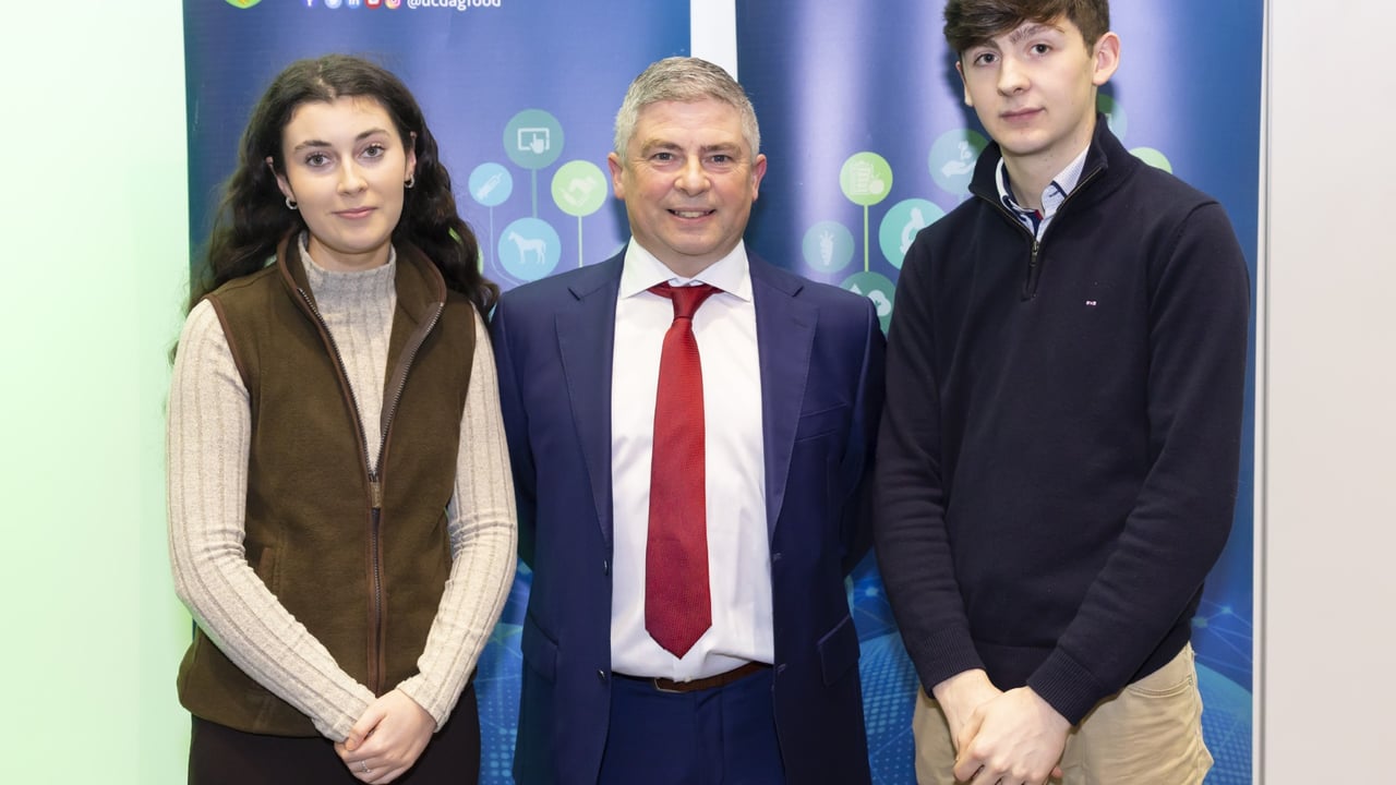 Bursary winners Katie Nolan and Harry Bye, with Irish Seed Trade Association president Tim O'Donovan. Source: Patrick Browne