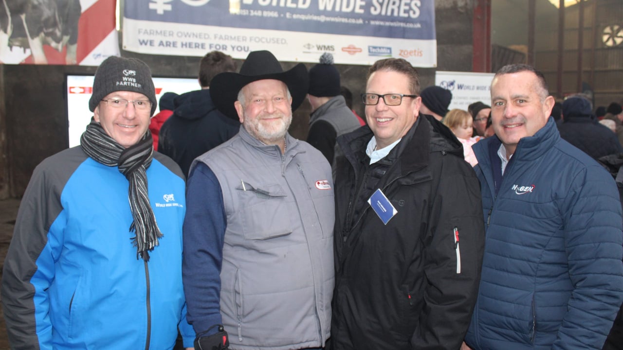 Attending the Redhouse Holsteins' open day was Alan Irwin (host) second left with Worldwide Sires' Steve Winnington (left) and Jeff Ziegler (right). They were joined by Dan Siemers, a dairy farmer from Wisconsin