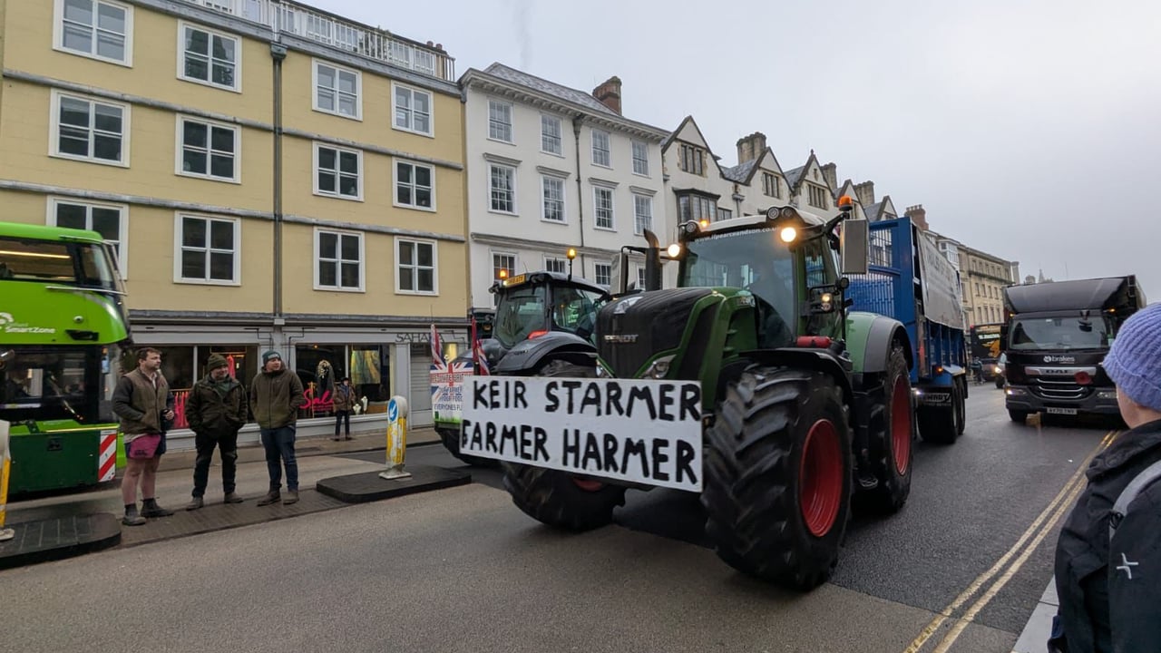 A farmer's tractor protesting the Oxford Farming Conference