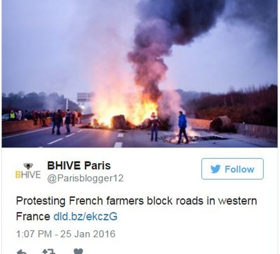 Pics: Protesting French farmers set tyres on fire and block roads with tractors