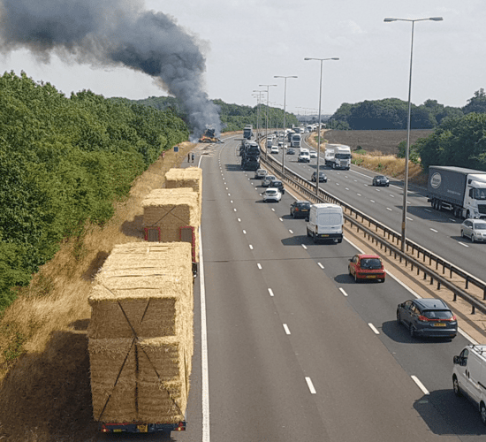 Lorry transporting bales goes up in smoke on UK motorway