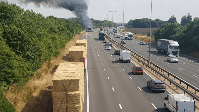 Lorry transporting bales goes up in smoke on UK motorway