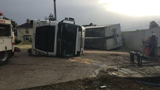 Pics: Telehandler crushed when articulated lorry overturns