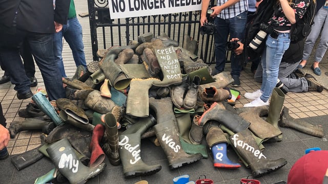 Fuming farmers pile 'redundant wellies' at gates of Leinster House