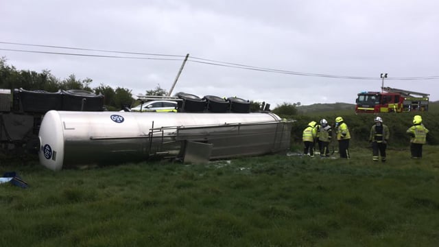 Cavan Gardaí and fire services attend overturned milk tanker